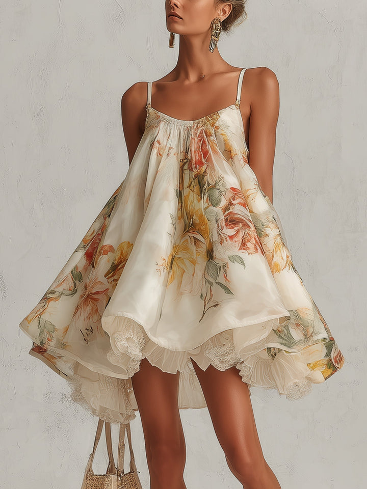 Blanche | Beige Floral Organza Mini A-Line Dress with Lace Trim