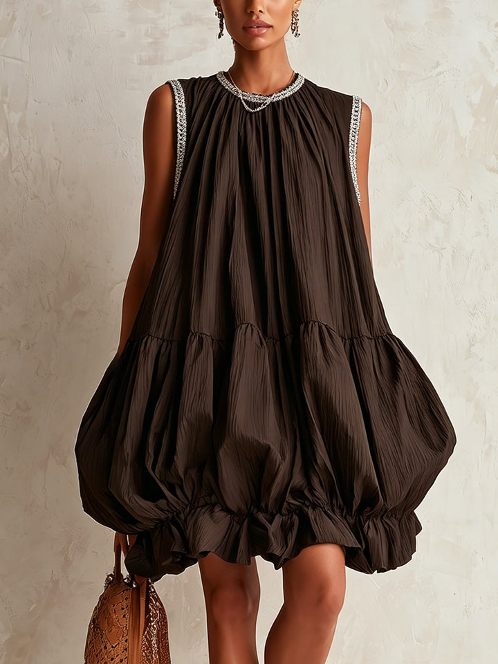 Colette | Brown Sleeveless Mini Dress with Puff Hem