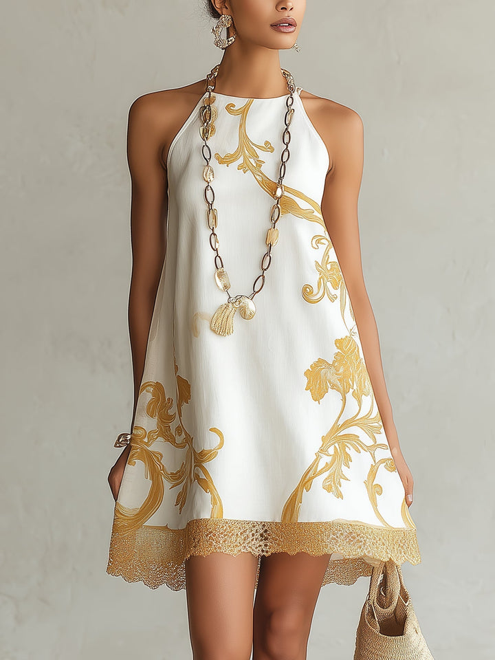 Héloïse | White Mini Dress with Golden Patterns