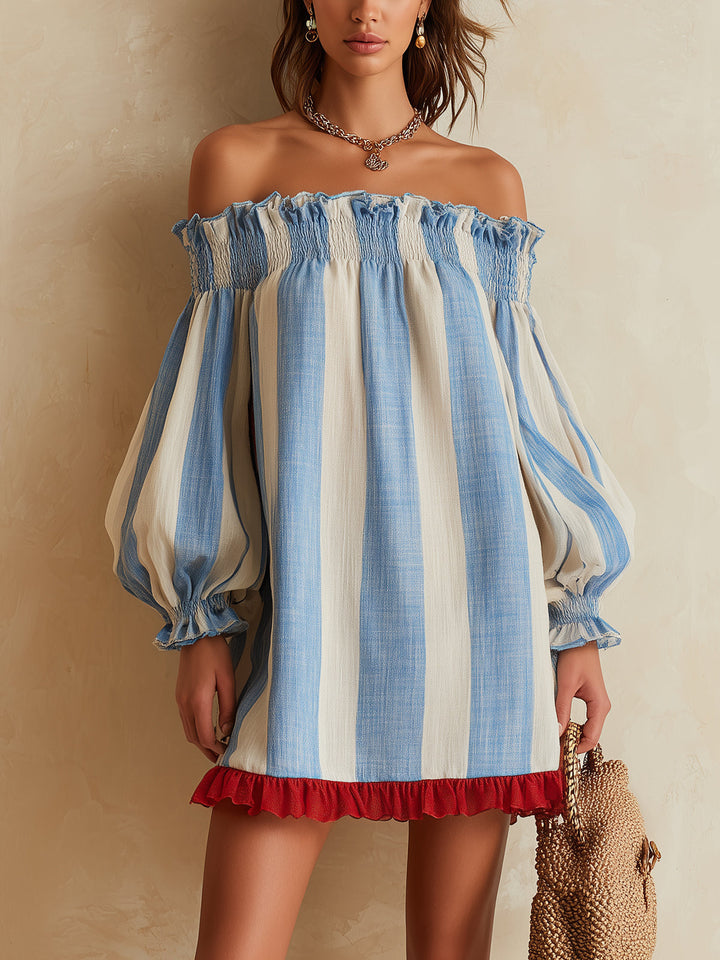 Ondine | Mini Striped Dress in Blue and White with Off-the-Shoulder Design and Contrasting Hem