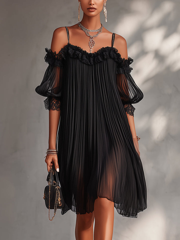 Camille | Black Mini Dress in Chiffon with Off-the-Shoulder Design and Lace Trim