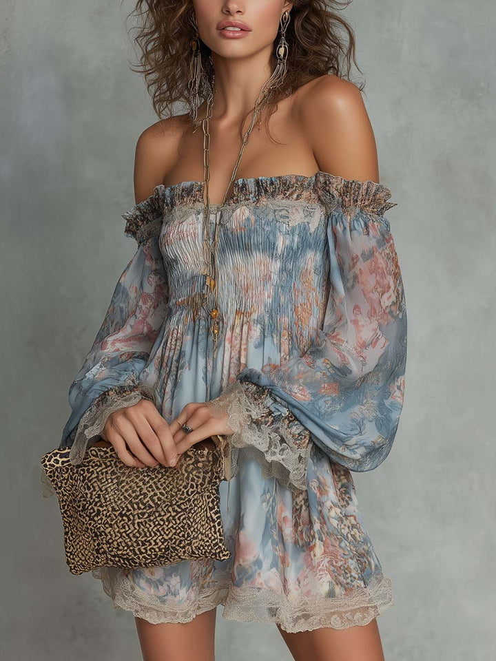 Romane | Mini Dress in Gathered Chiffon with Off-the-Shoulder and Romantic Flowers