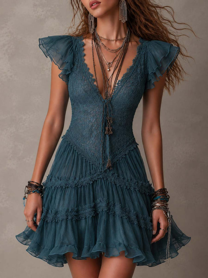 Delphine | Mini Dress with Ruffles in Retro Blue Lace and Chiffon