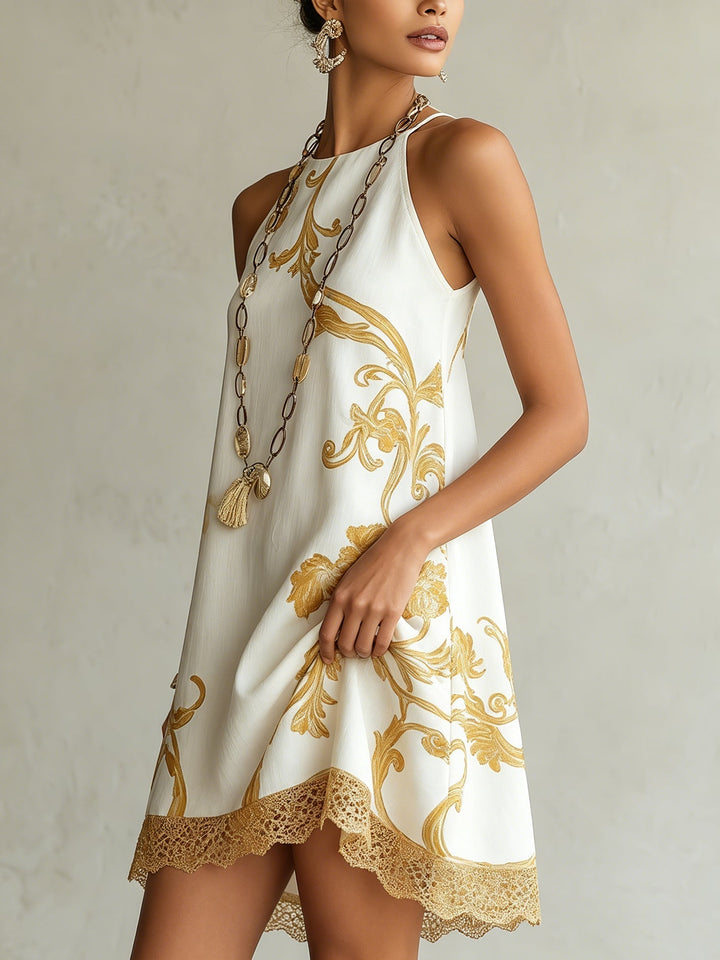Héloïse | White Mini Dress with Golden Patterns
