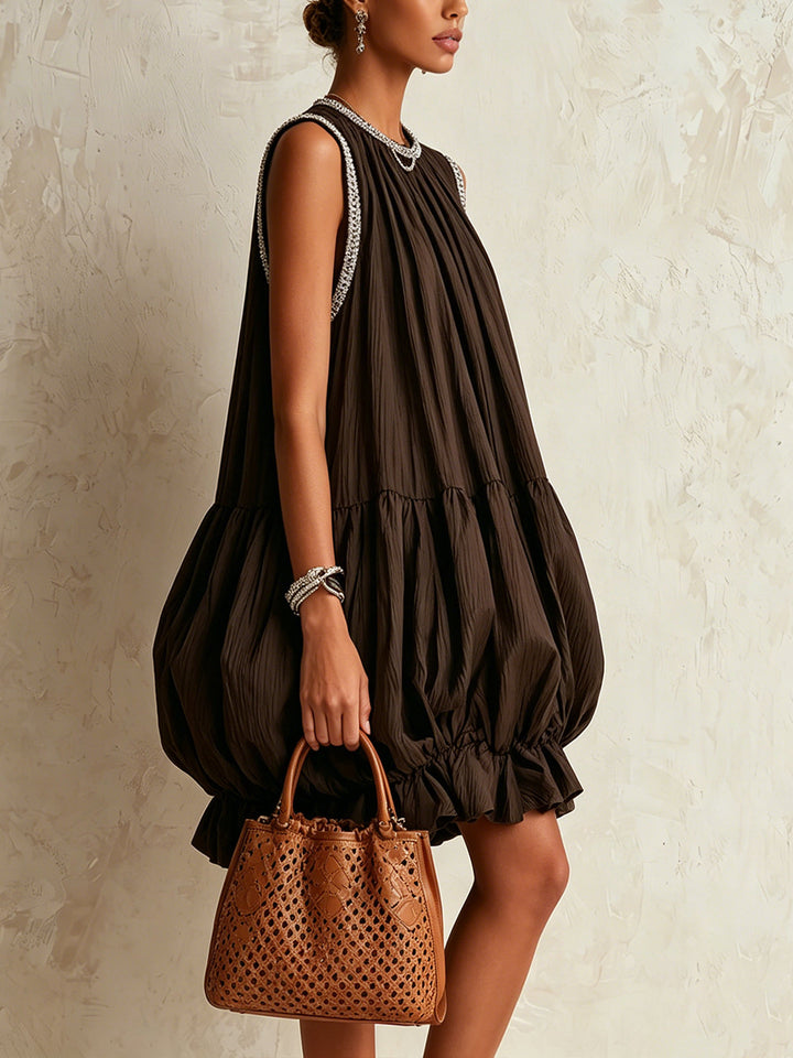 Colette | Brown Sleeveless Mini Dress with Puff Hem