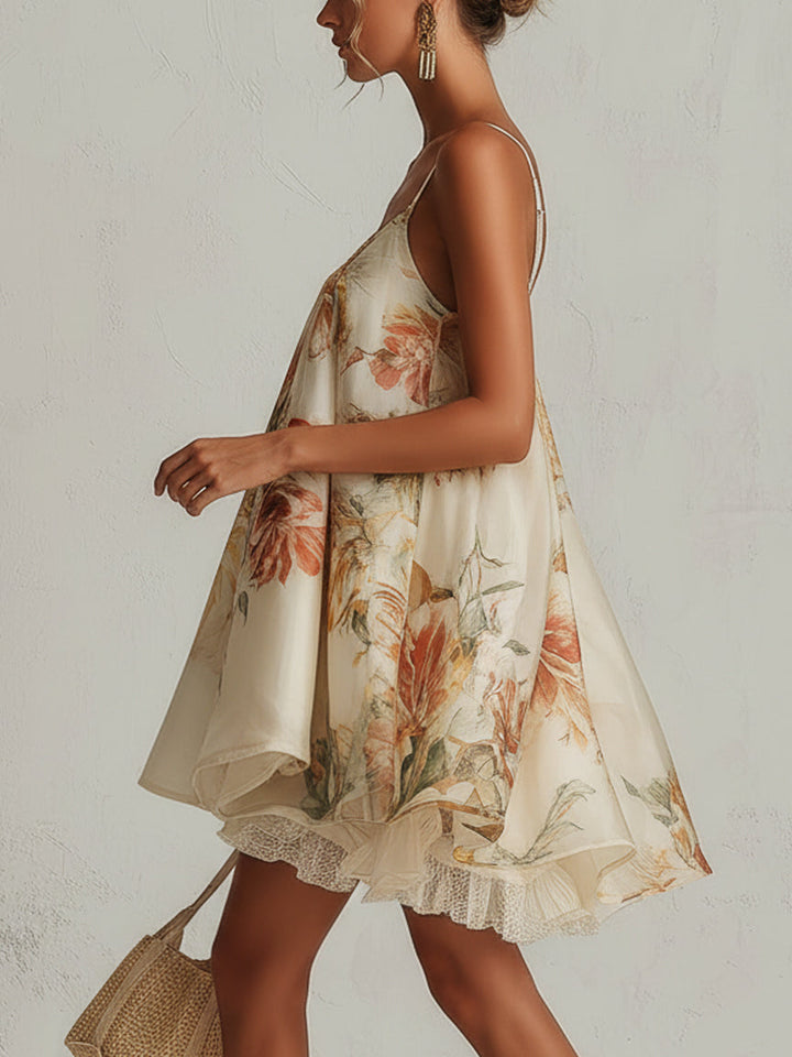 Blanche | Beige Floral Organza Mini A-Line Dress with Lace Trim