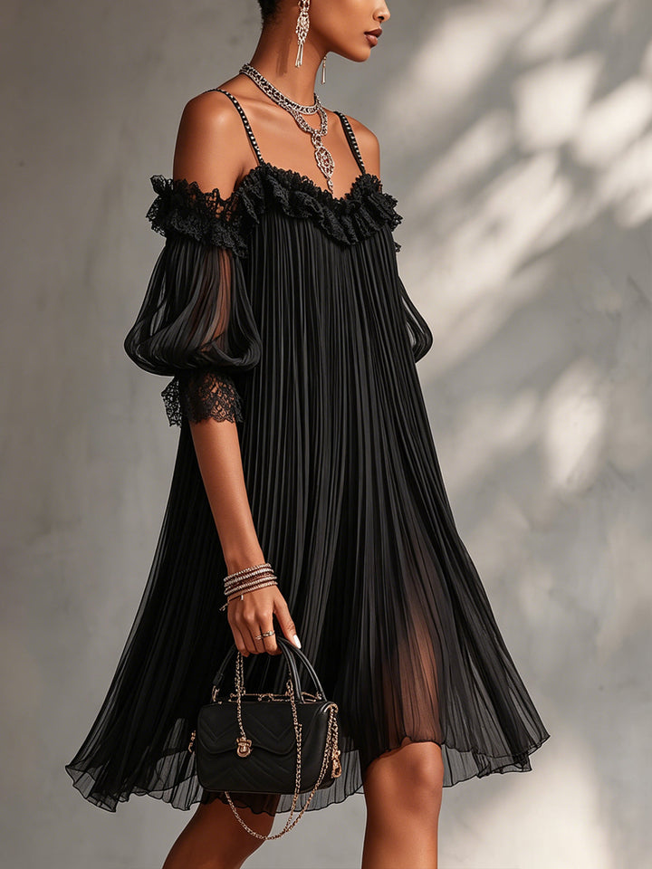 Camille | Black Mini Dress in Chiffon with Off-the-Shoulder Design and Lace Trim