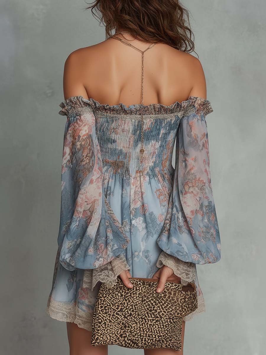 Romane | Mini Dress in Gathered Chiffon with Off-the-Shoulder and Romantic Flowers