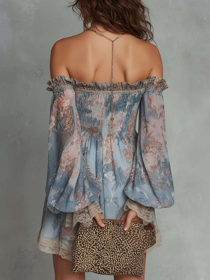 Romane | Mini Dress in Gathered Chiffon with Off-the-Shoulder and Romantic Flowers