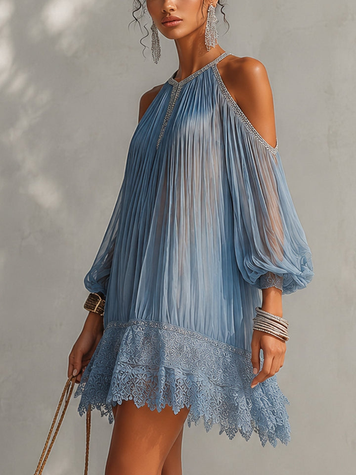 Séraphine | Blue Mini Dress with Off-the-Shoulder Ruching and Lace Hem