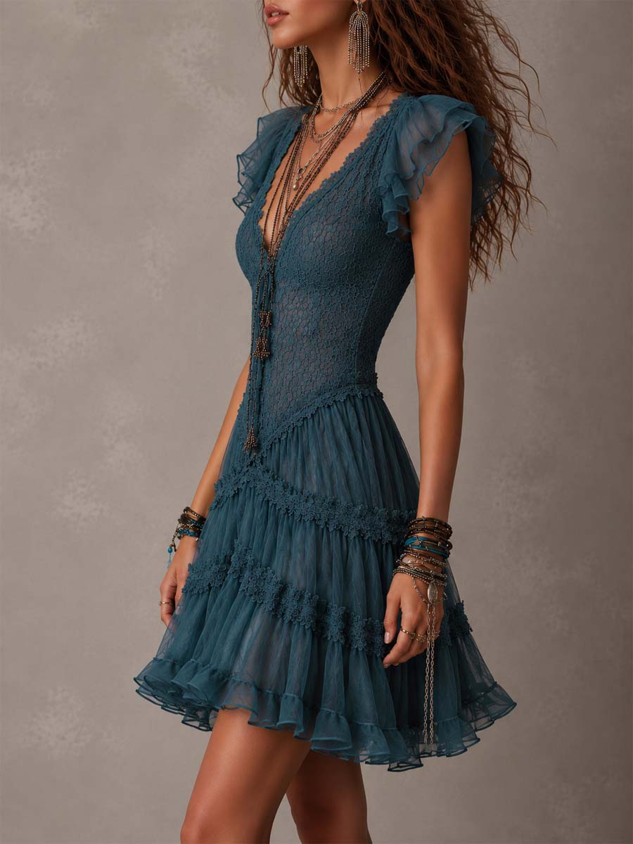 Delphine | Mini Dress with Ruffles in Retro Blue Lace and Chiffon