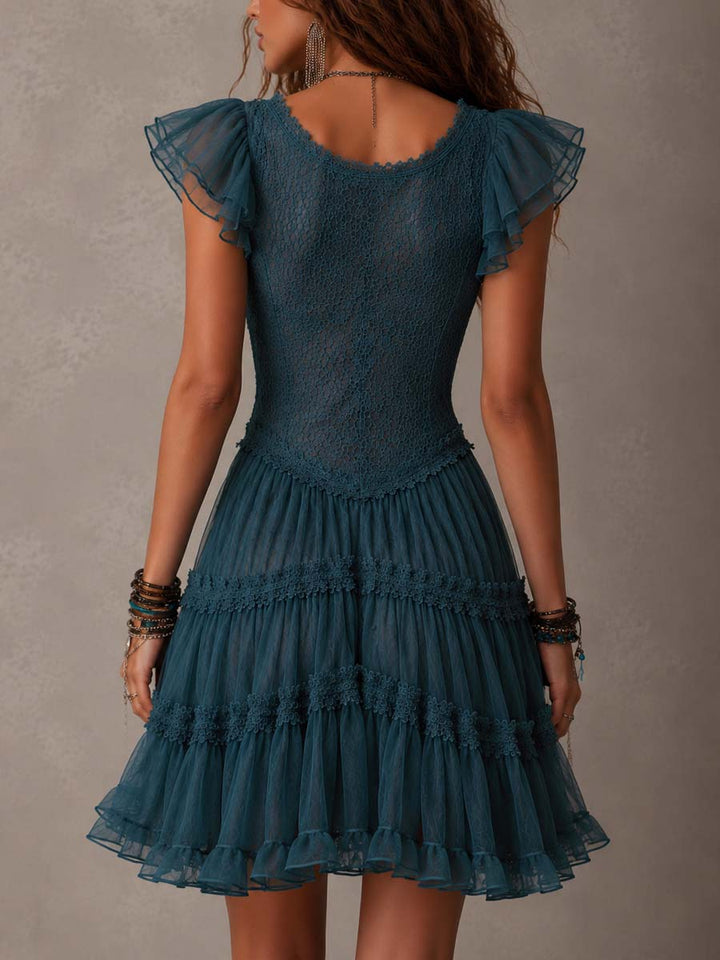Delphine | Mini Dress with Ruffles in Retro Blue Lace and Chiffon
