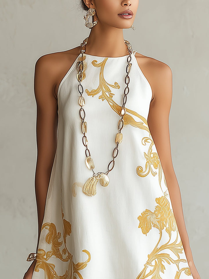 Héloïse | White Mini Dress with Golden Patterns