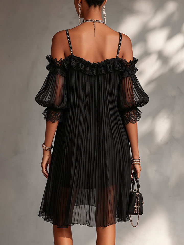 Camille | Black Mini Dress in Chiffon with Off-the-Shoulder Design and Lace Trim