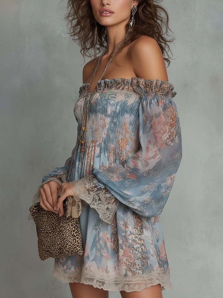 Romane | Mini Dress in Gathered Chiffon with Off-the-Shoulder and Romantic Flowers