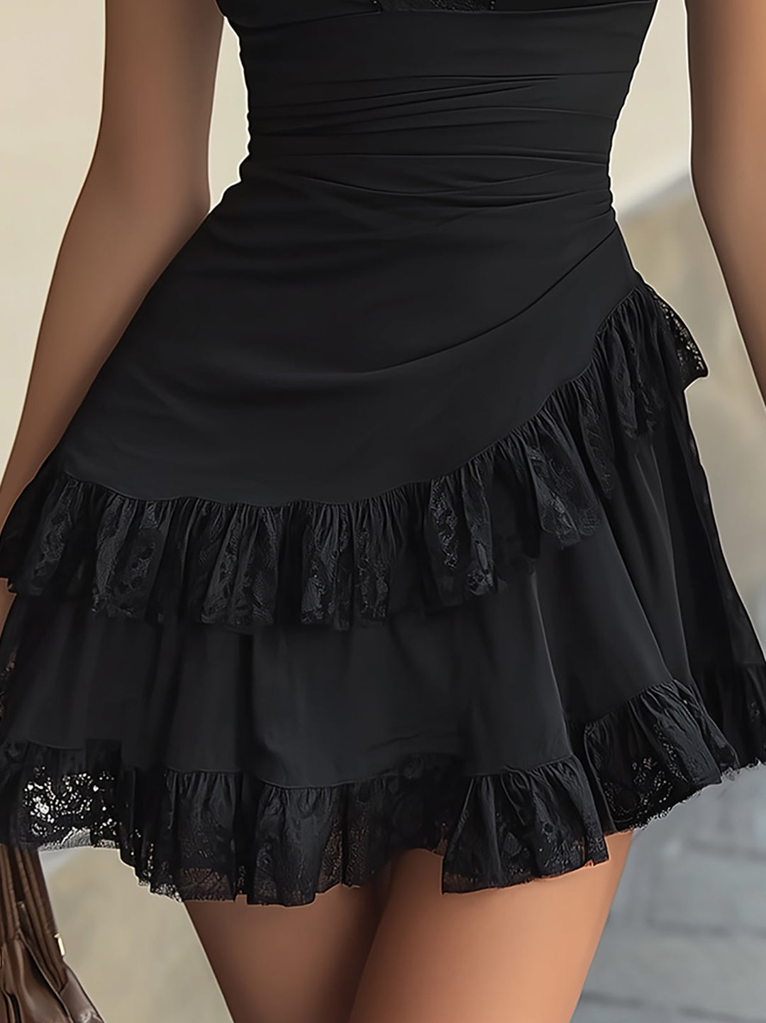Estelle | Mini Dress with Ruffles in Black Lace and V-Neck