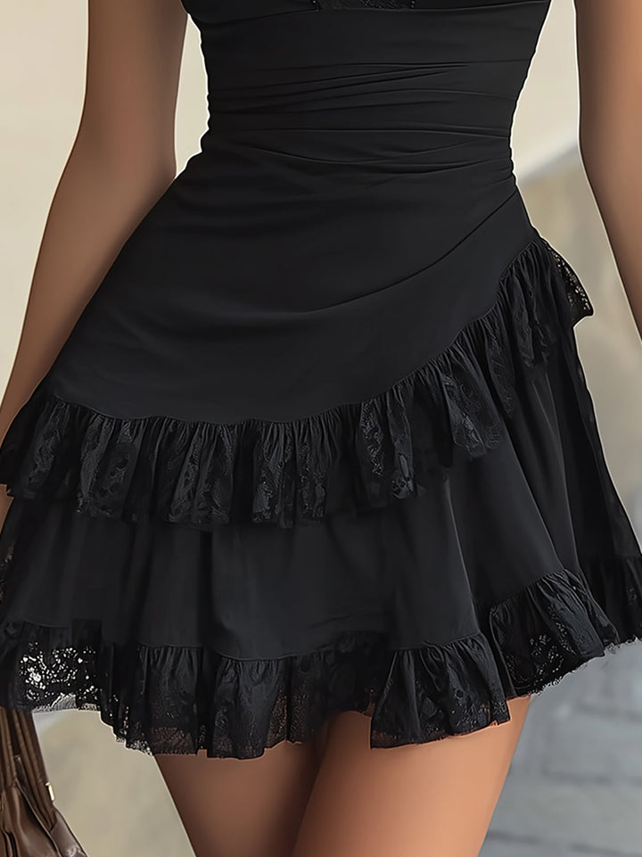 Estelle | Mini Dress with Ruffles in Black Lace and V-Neck