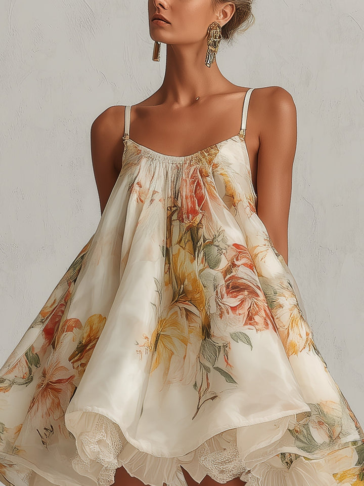 Blanche | Beige Floral Organza Mini A-Line Dress with Lace Trim