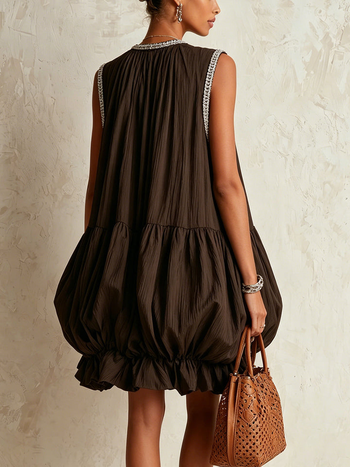 Colette | Brown Sleeveless Mini Dress with Puff Hem