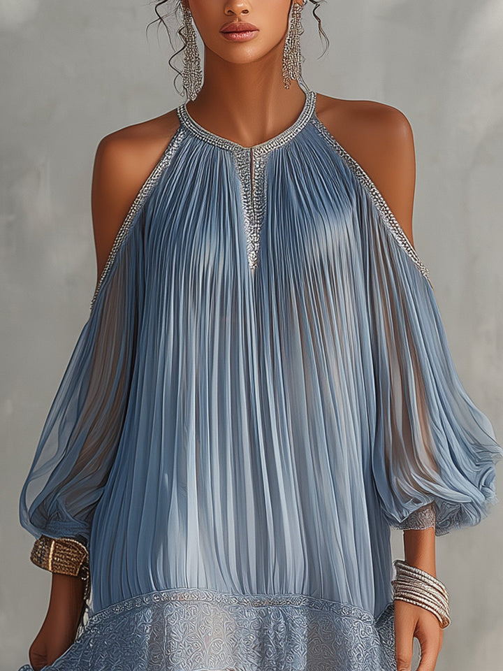 Séraphine | Blue Mini Dress with Off-the-Shoulder Ruching and Lace Hem
