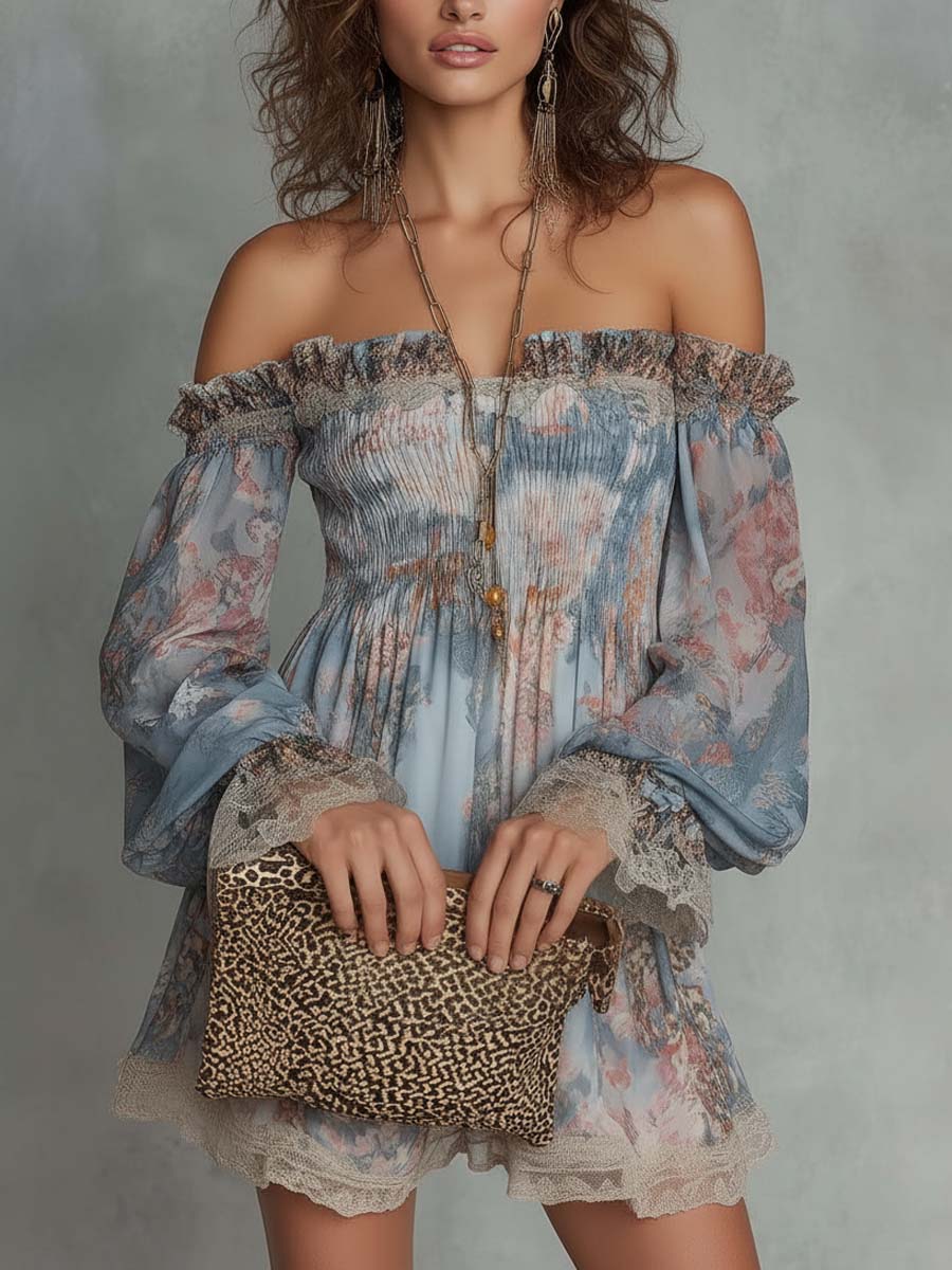 Romane | Mini Dress in Gathered Chiffon with Off-the-Shoulder and Romantic Flowers