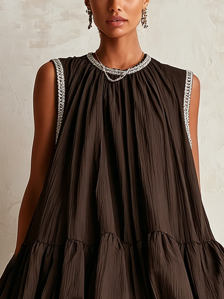 Colette | Brown Sleeveless Mini Dress with Puff Hem