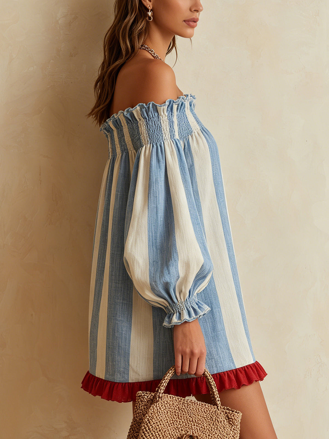 Ondine | Mini Striped Dress in Blue and White with Off-the-Shoulder Design and Contrasting Hem