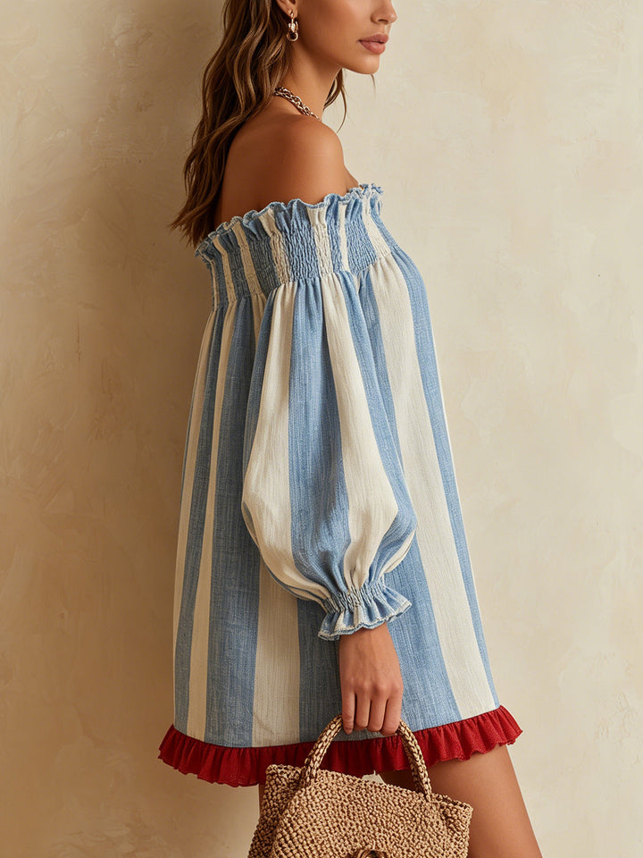 Ondine | Mini Striped Dress in Blue and White with Off-the-Shoulder Design and Contrasting Hem