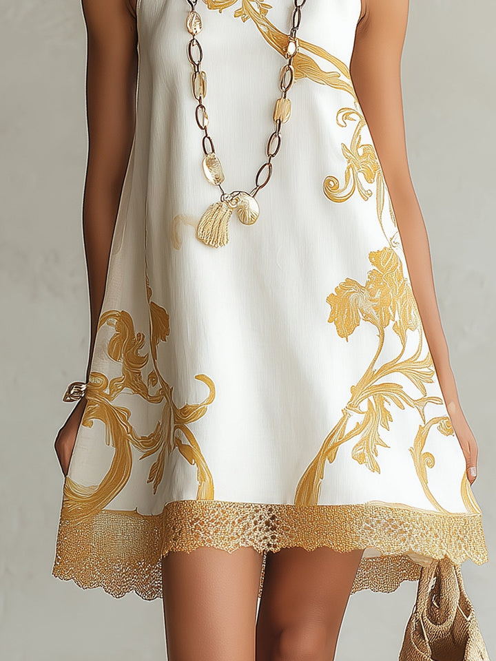 Héloïse | White Mini Dress with Golden Patterns