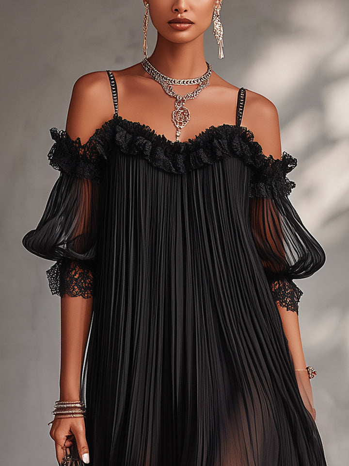 Camille | Black Mini Dress in Chiffon with Off-the-Shoulder Design and Lace Trim