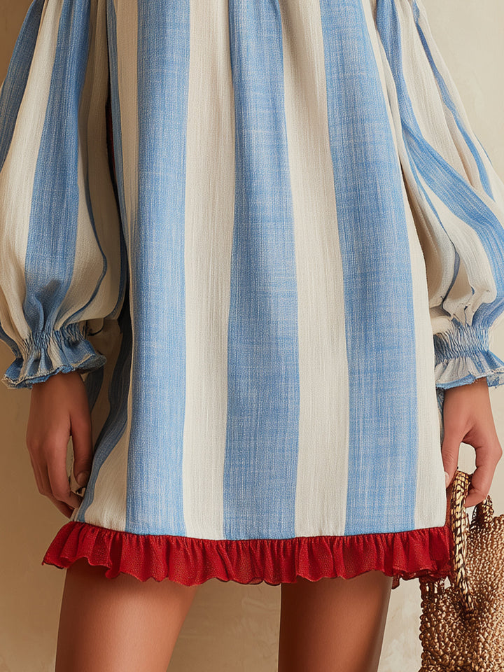 Ondine | Mini Striped Dress in Blue and White with Off-the-Shoulder Design and Contrasting Hem