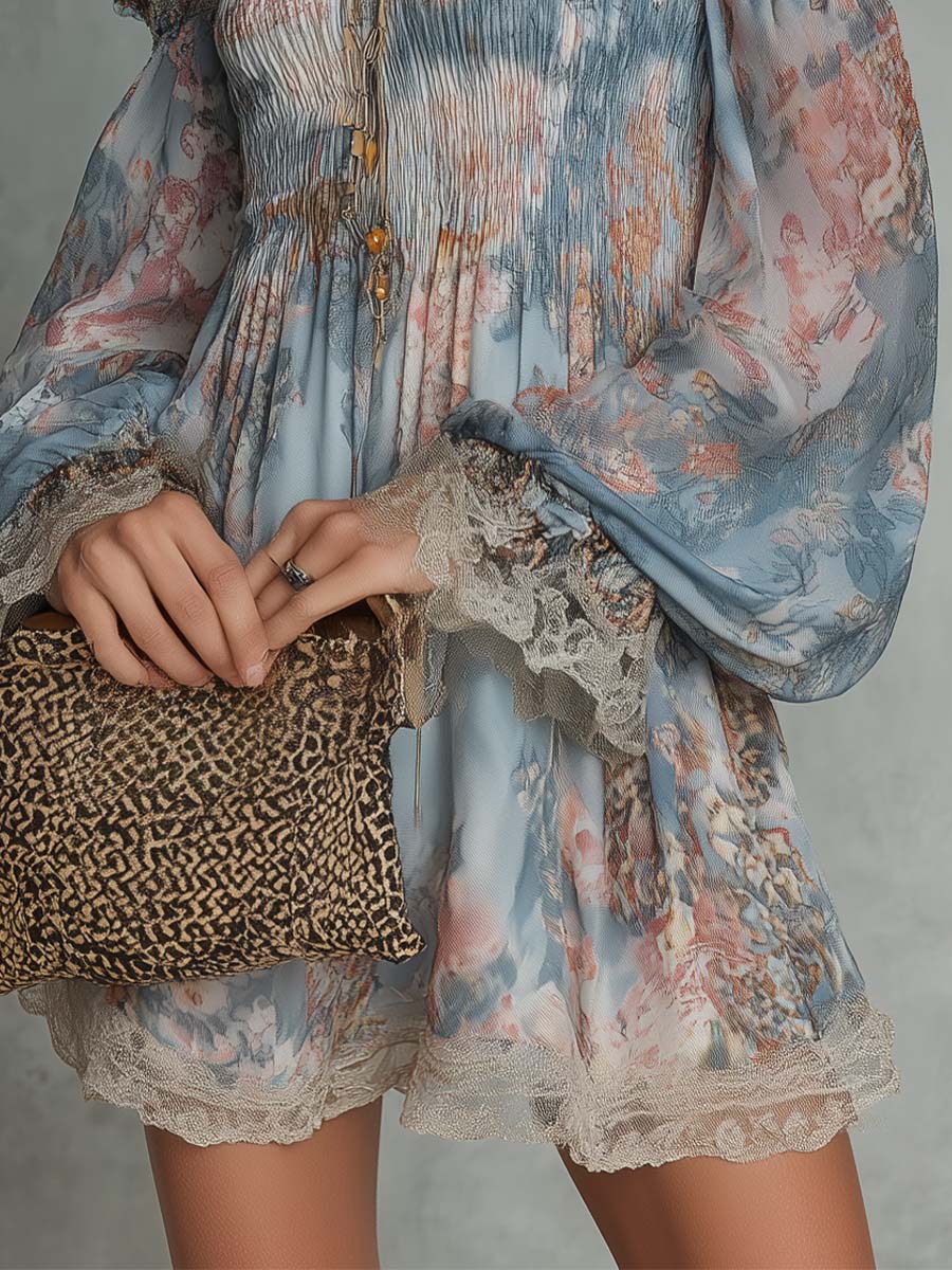 Romane | Mini Dress in Gathered Chiffon with Off-the-Shoulder and Romantic Flowers