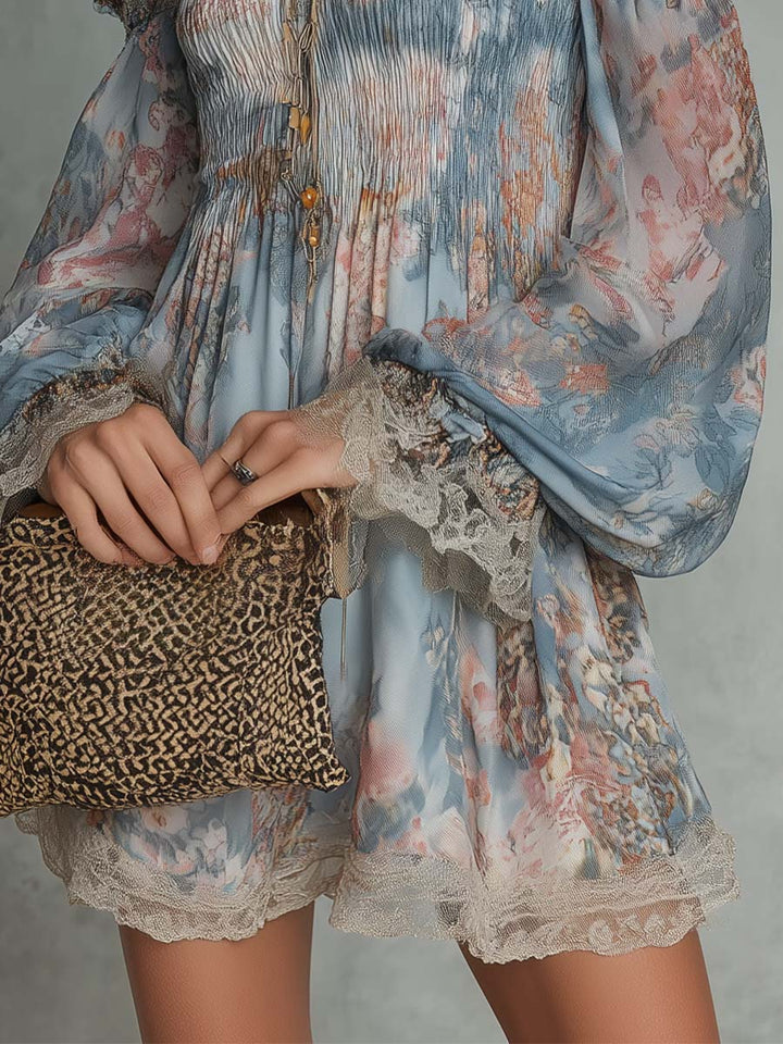 Romane | Mini Dress in Gathered Chiffon with Off-the-Shoulder and Romantic Flowers