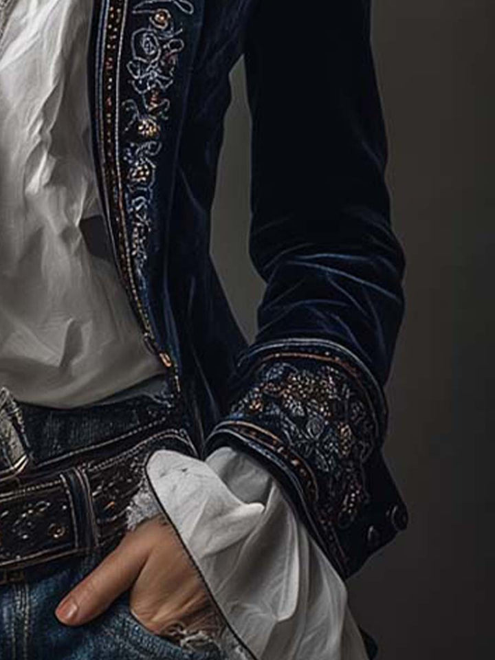 Women’s Vintage Navy Embroidered Longline Jacket