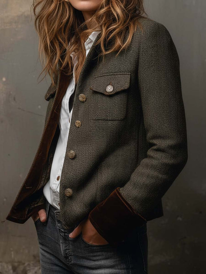 Women’s Vintage Herringbone Contrast Trim Blazer