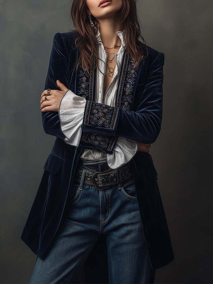 Women’s Vintage Navy Embroidered Longline Jacket