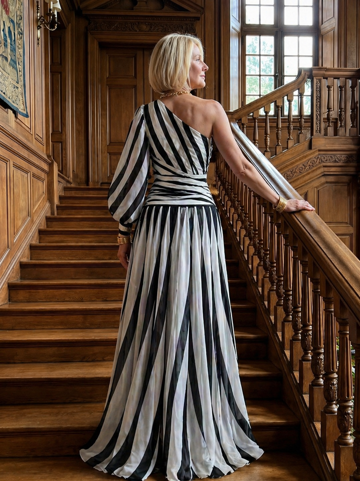 Shiloh | Elegant Striped Maxi Dress with One Shoulder
