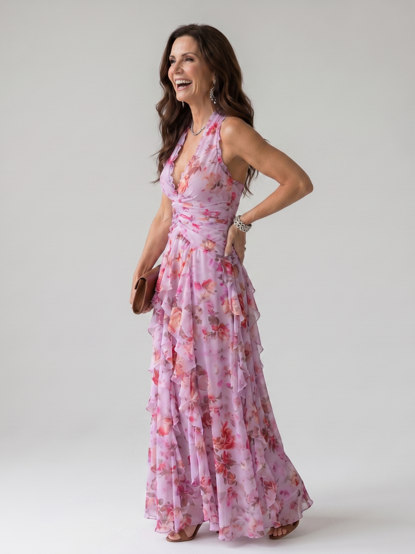 Nori™ Halter Neck Ruched Bodice Floral Maxi Dress