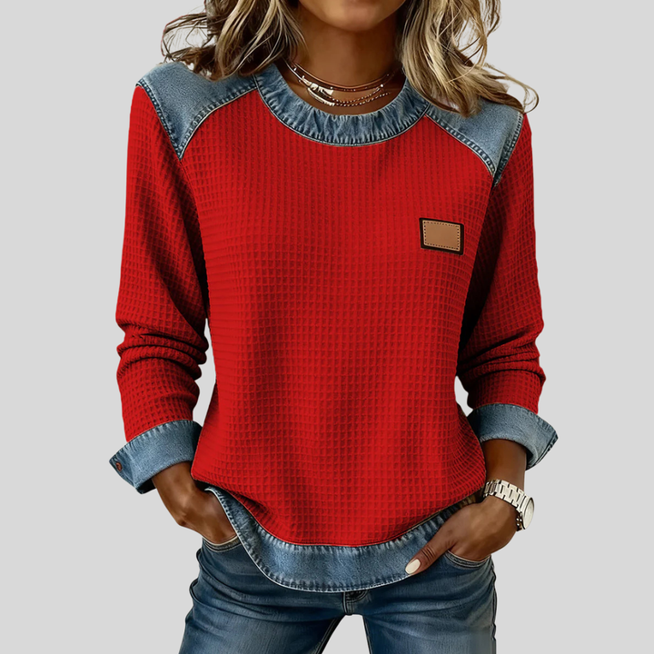 KARA | Waffle sweatshirt with patchwork trim