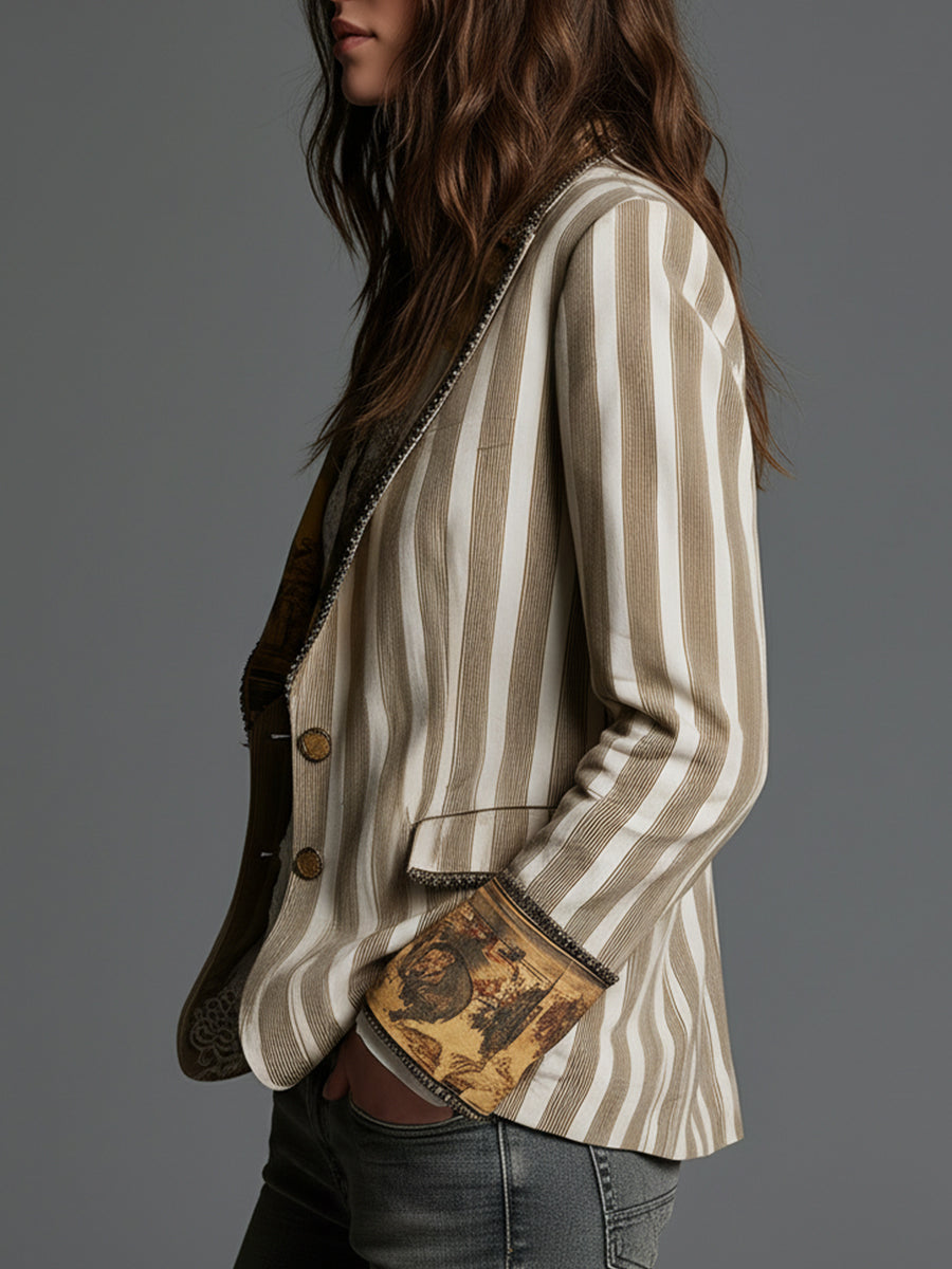 Women’s Boho Striped Printed Lapel Blazer