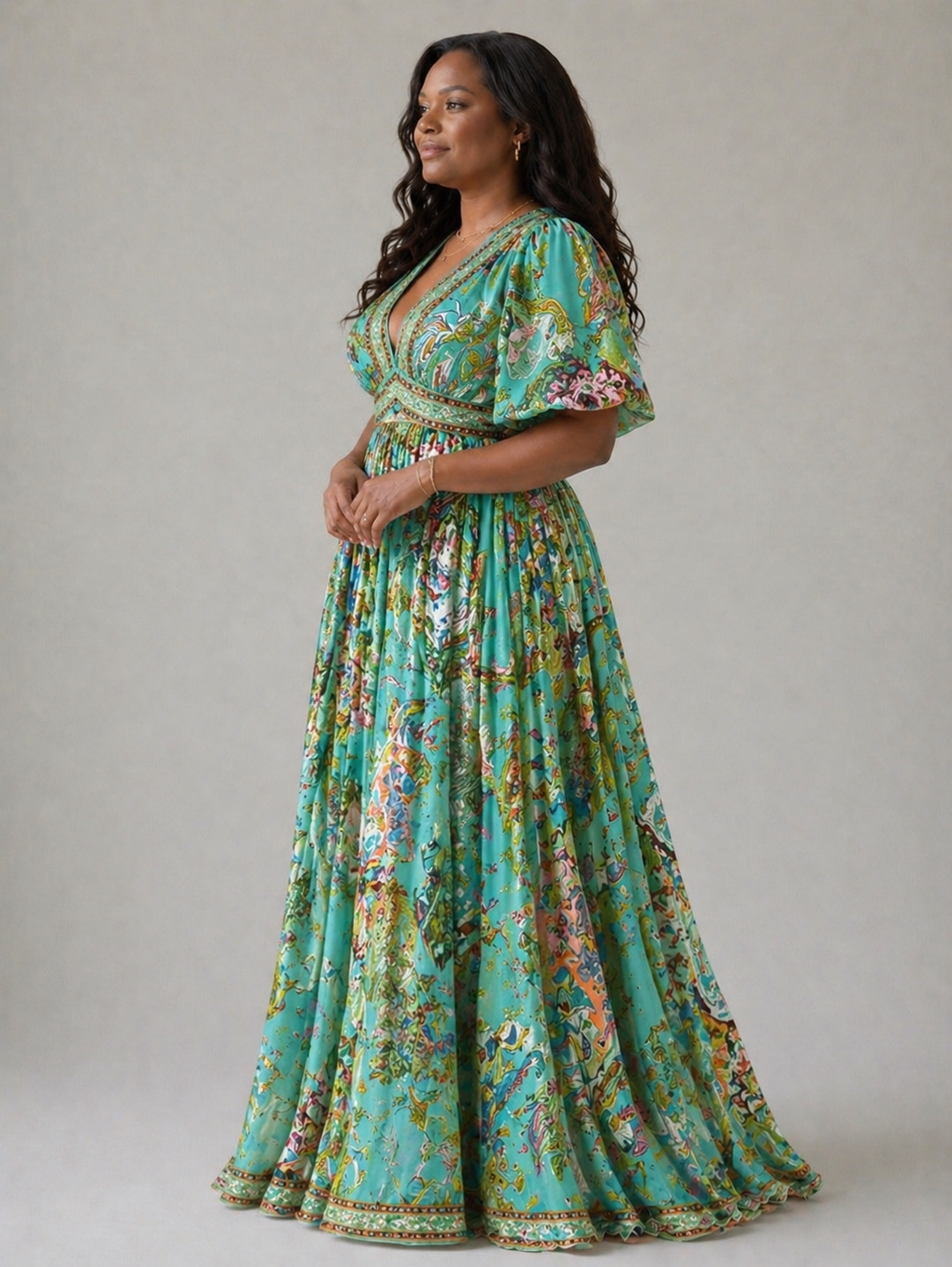 Amelia Quinn | Airy Maxi Dress with Puff Sleeves and V-Neck