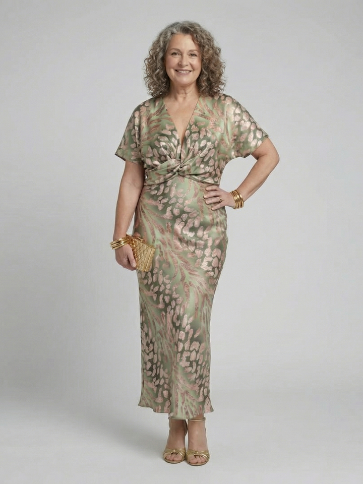 Grace™  | Abstract Print V Neck Twist Waist Midi Dress