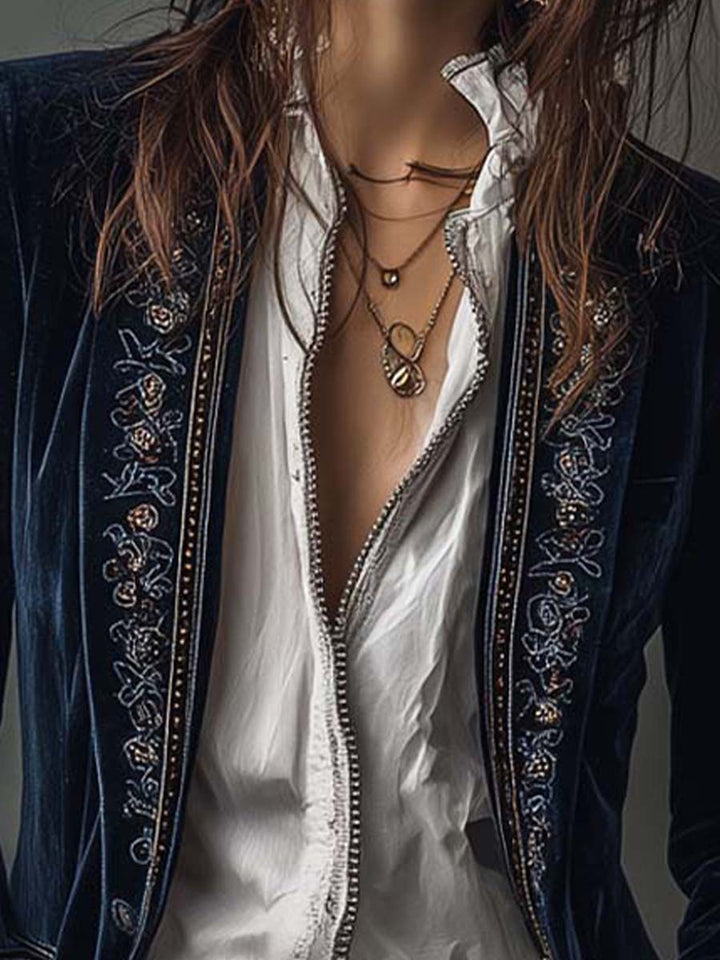 Women’s Vintage Navy Embroidered Longline Jacket
