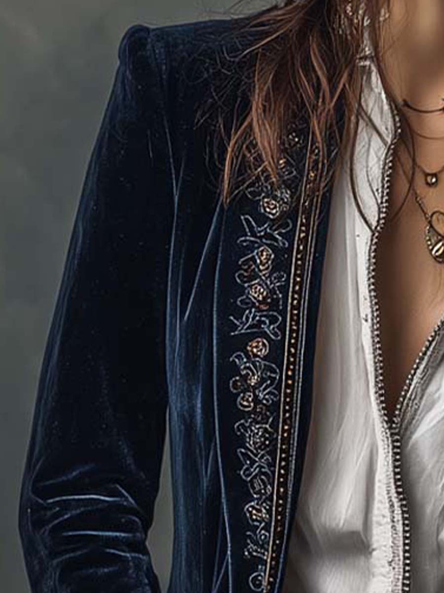 Women’s Vintage Navy Embroidered Longline Jacket