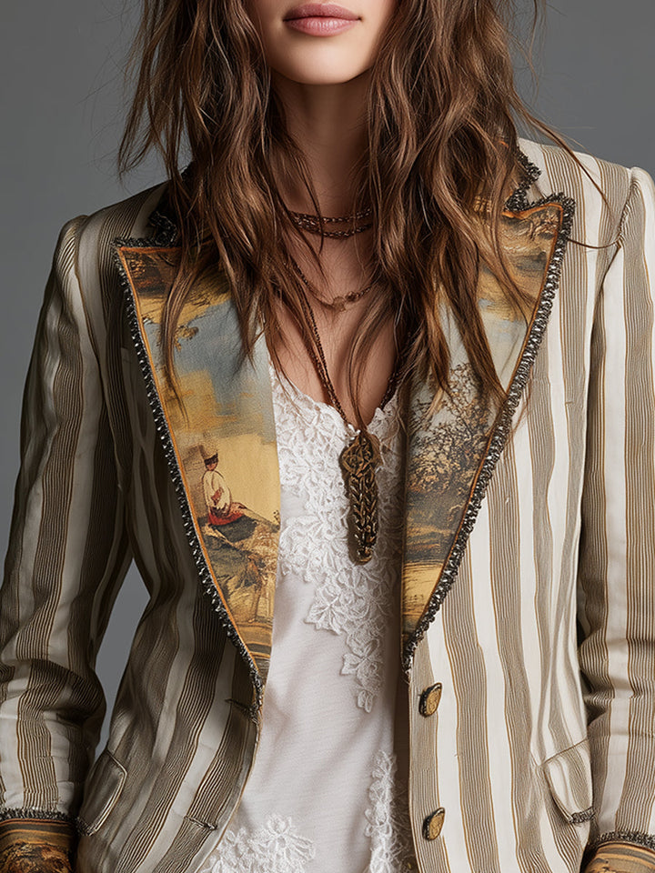 Women’s Boho Striped Printed Lapel Blazer