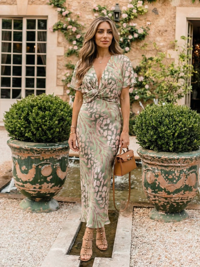 Grace™  | Abstract Print V Neck Twist Waist Midi Dress