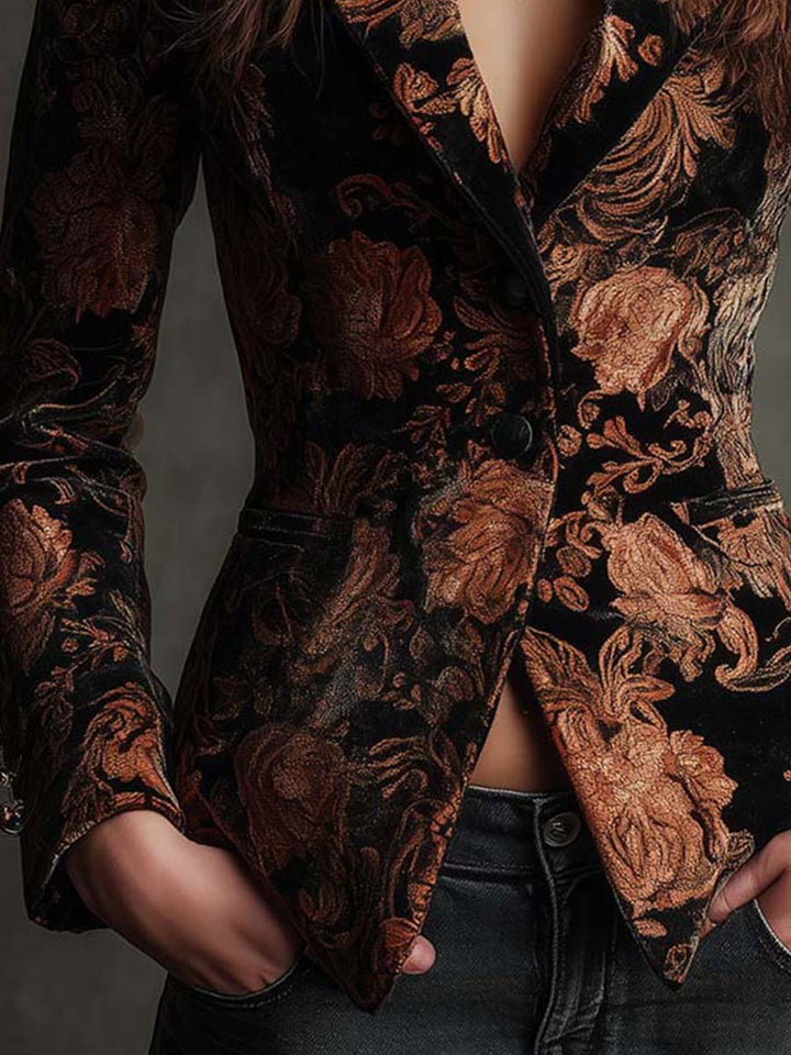 Women’s Black And Bronze Floral Print Tailored Blazer