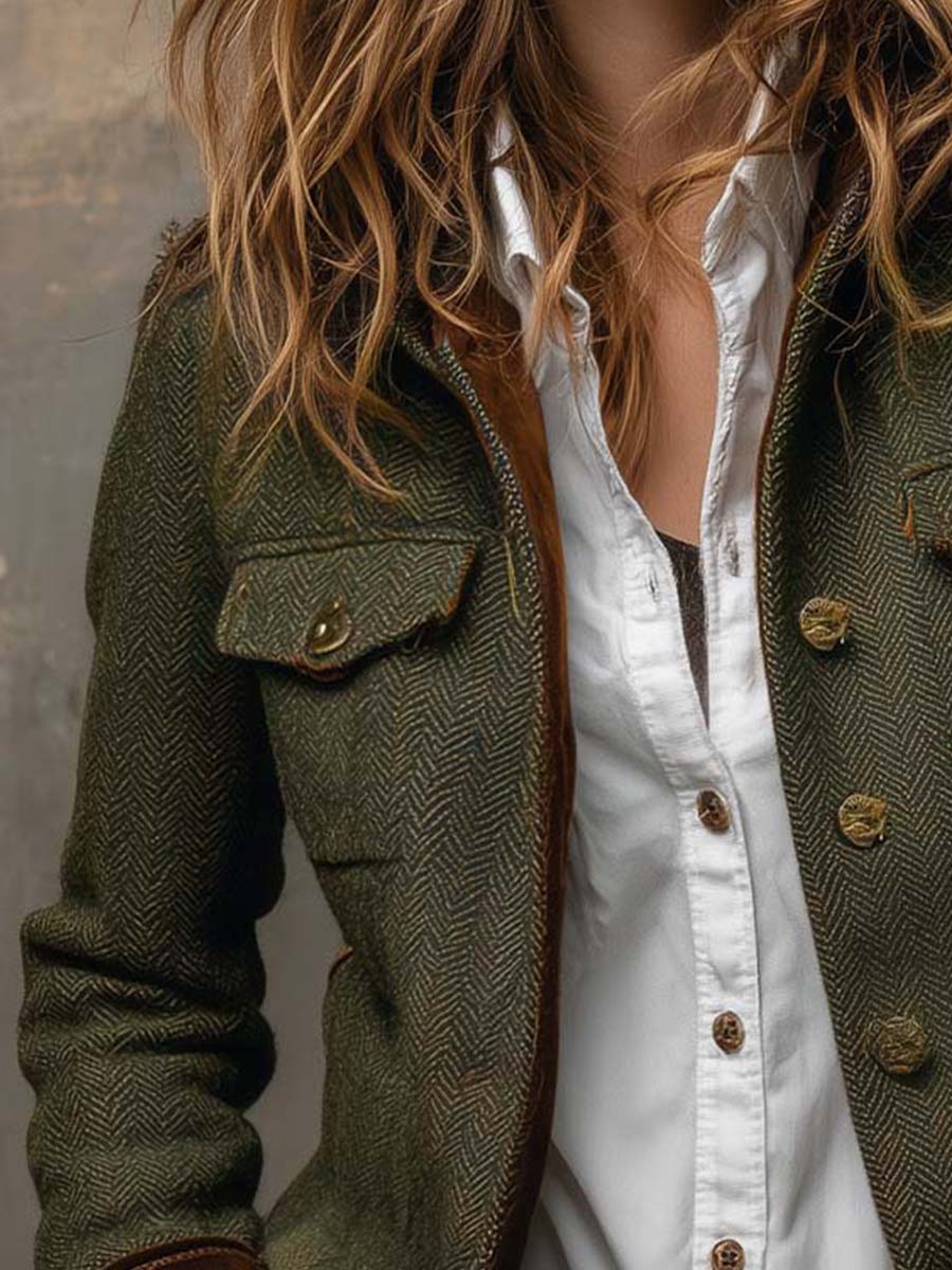 Women’s Vintage Herringbone Contrast Trim Blazer