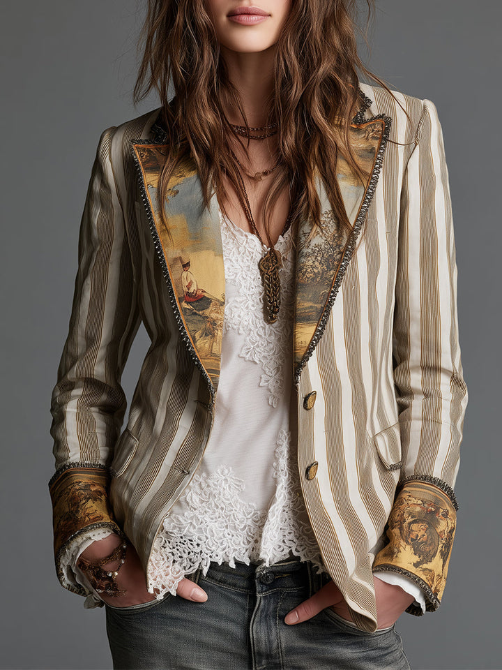 Women’s Boho Striped Printed Lapel Blazer