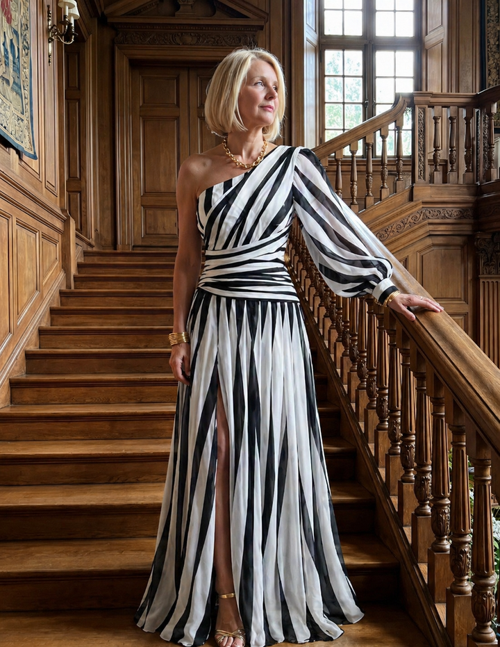 Shiloh | Elegant Striped Maxi Dress with One Shoulder